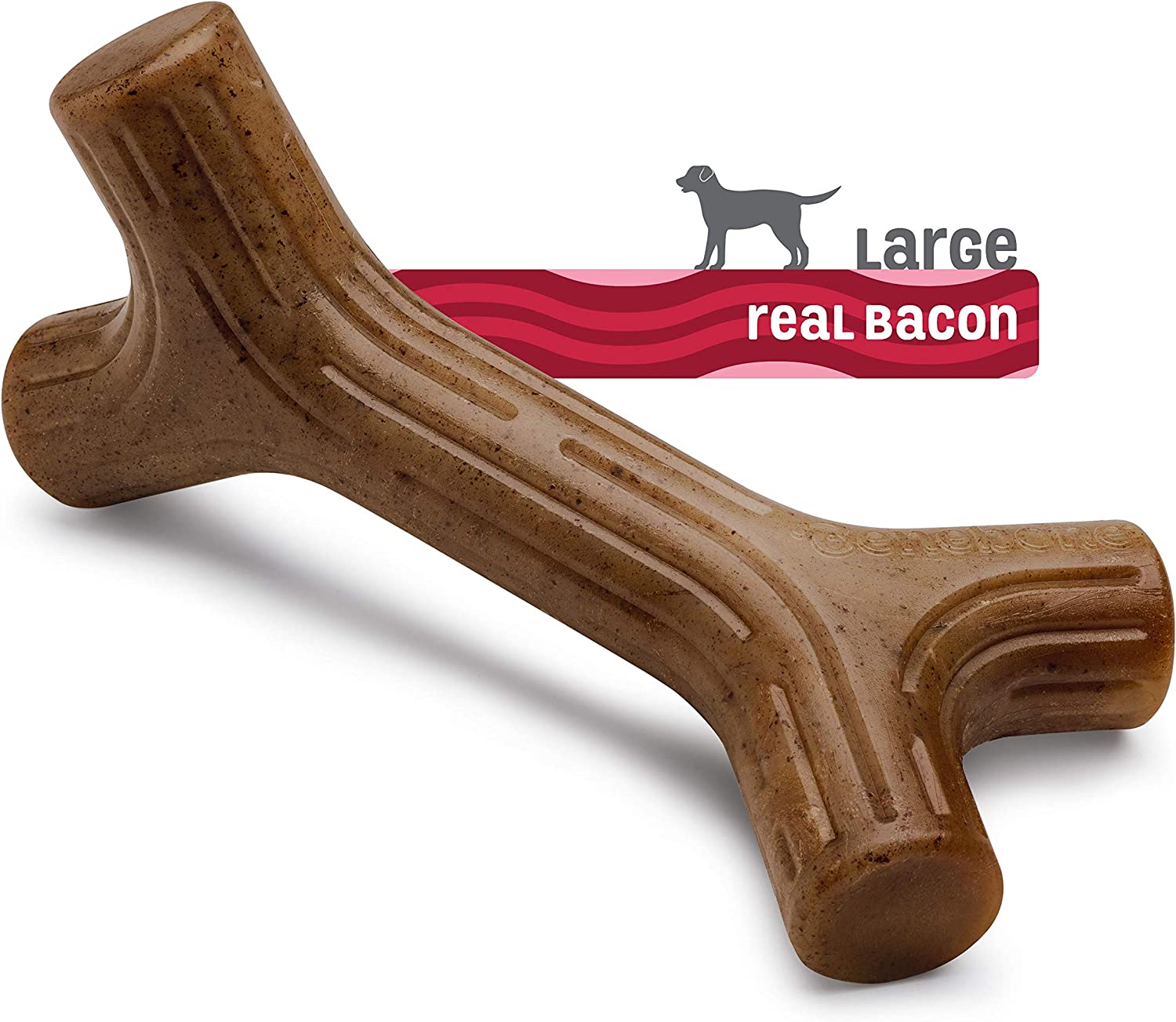 A bone shaped bacon chew toy for dogs. The text reads, 'Real bacon.'