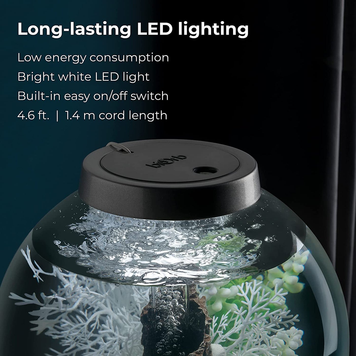 A half view of a biOrd aquarium. There is text which reads, "Long lasting LED lighting."