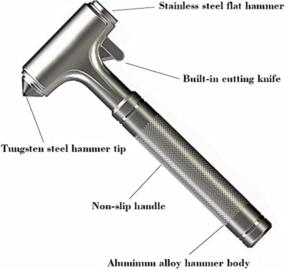 Detailed product features for an emergency car hammer tool. Some of the features include; stainless steel flat hammer, built in cutting knife and non-slip handle.