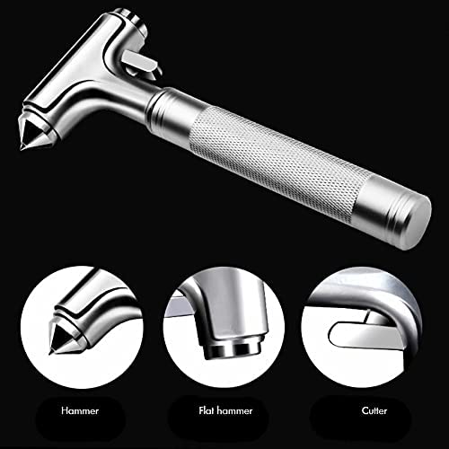 A collage of 4 images. 3 of the images show close-ups of the car emergency hammer tool. The text on the inset pictures say, 'Hammer, flat hammer and cutter.'