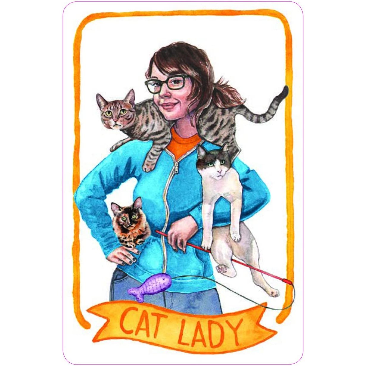 The main 'cat lady' card from a cat lady old maid game.