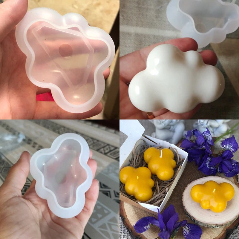 A collage of 4 photos two of which show empty silicone molds and the other images show white and yellow candles made from the mold.