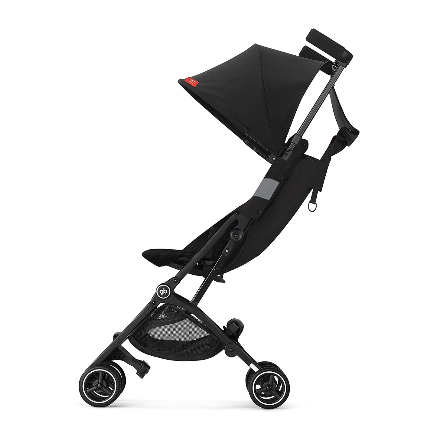 A side view of an ultra-compact lightweight travel stroller.