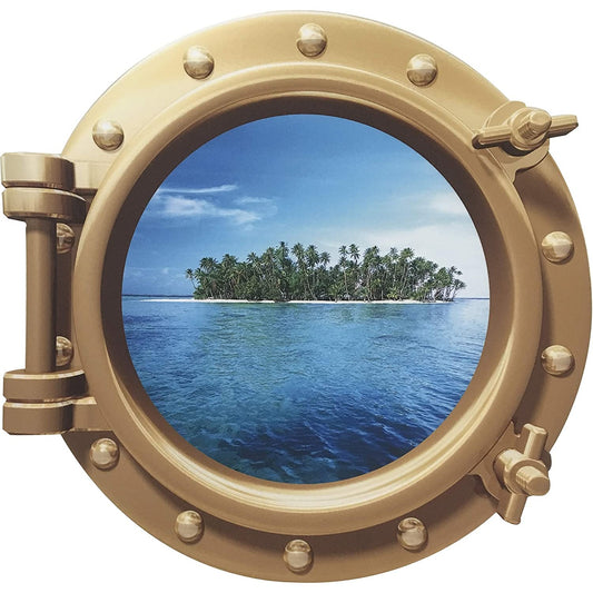 This wall decal makes it look like you have a cruise ship porthole in the room looking out towards a tropical island in the distance.