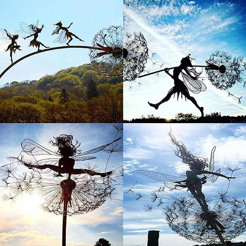 A collage of 4 separate images. The images all show metal fairy garden sculptures. The sculptures are designed to be placed in a garden, and at dusk as the sun outlines the sculptures, it looks like there are fairies in your garden balancing and dancing around on dandelions.