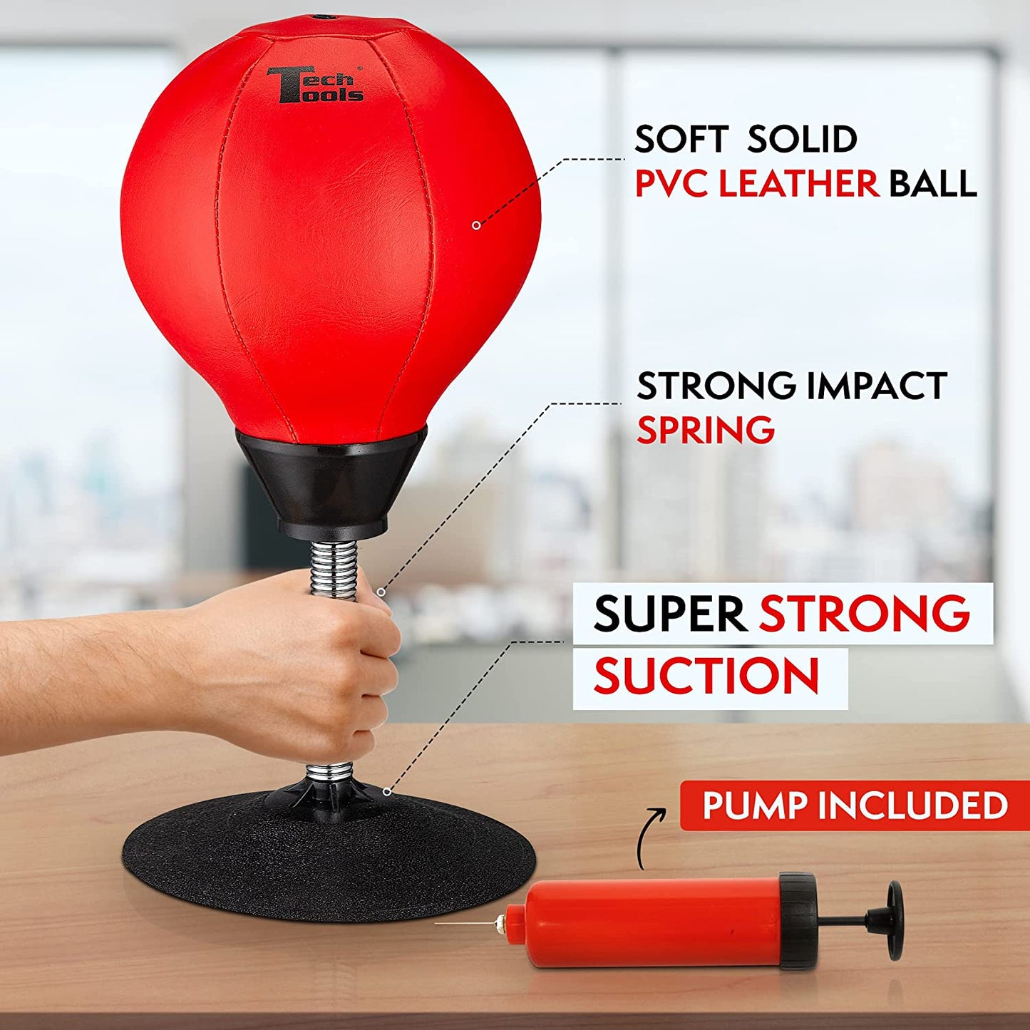 Product information for a desktop punching bag.