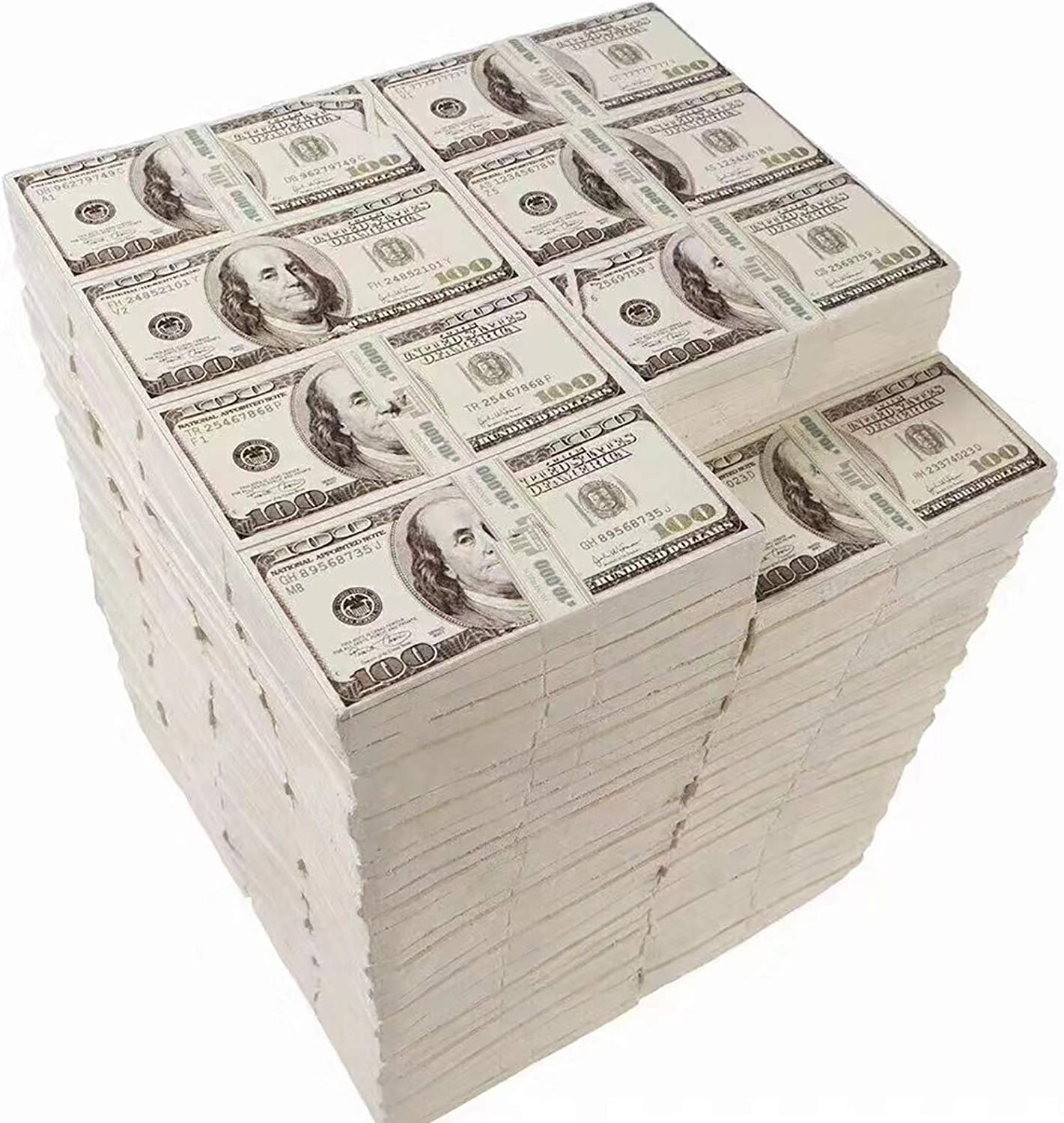 A stool made of resin which is built from faux bank bundles of 100 dollar bills.