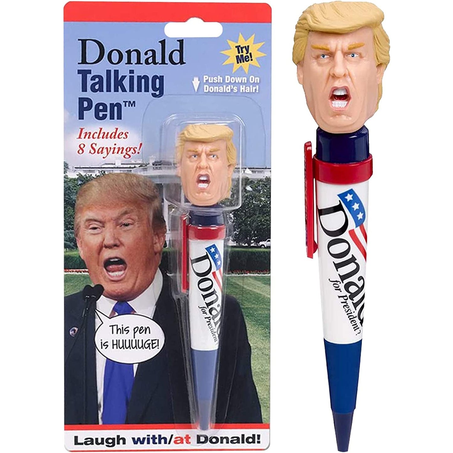 A Donald Trump talking pen in packaging. The text on the packaging reads, "Donald talking pen. Includes 8 sayings. Try me, push down on Donald's hair." 