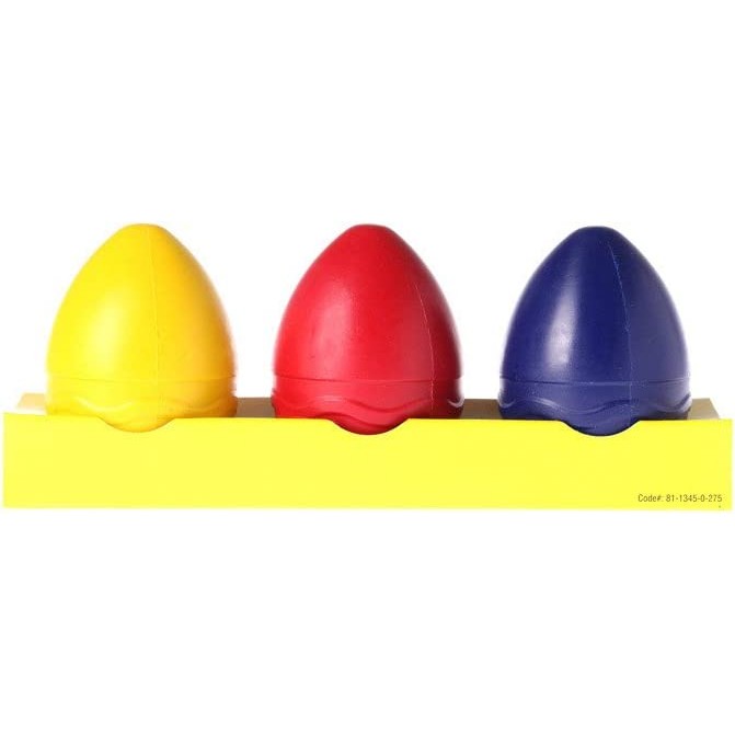 A 3-pack of Crayola's egg shaped crayons in red, yellow and blue.