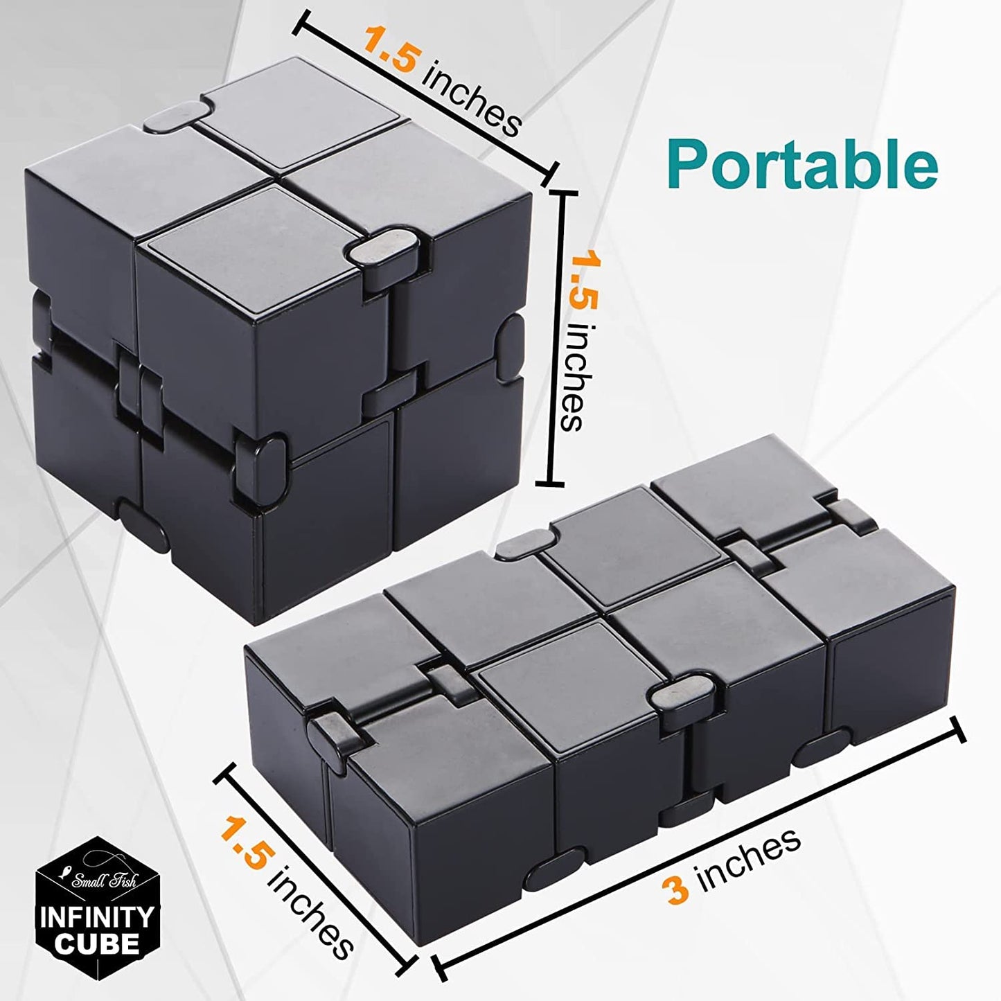 Size measurements for a fidget cube. As a cube the measurements are, 1.5 x 1.5 inches. When rectangle, the cube measures, 1.5 x 3 inches.