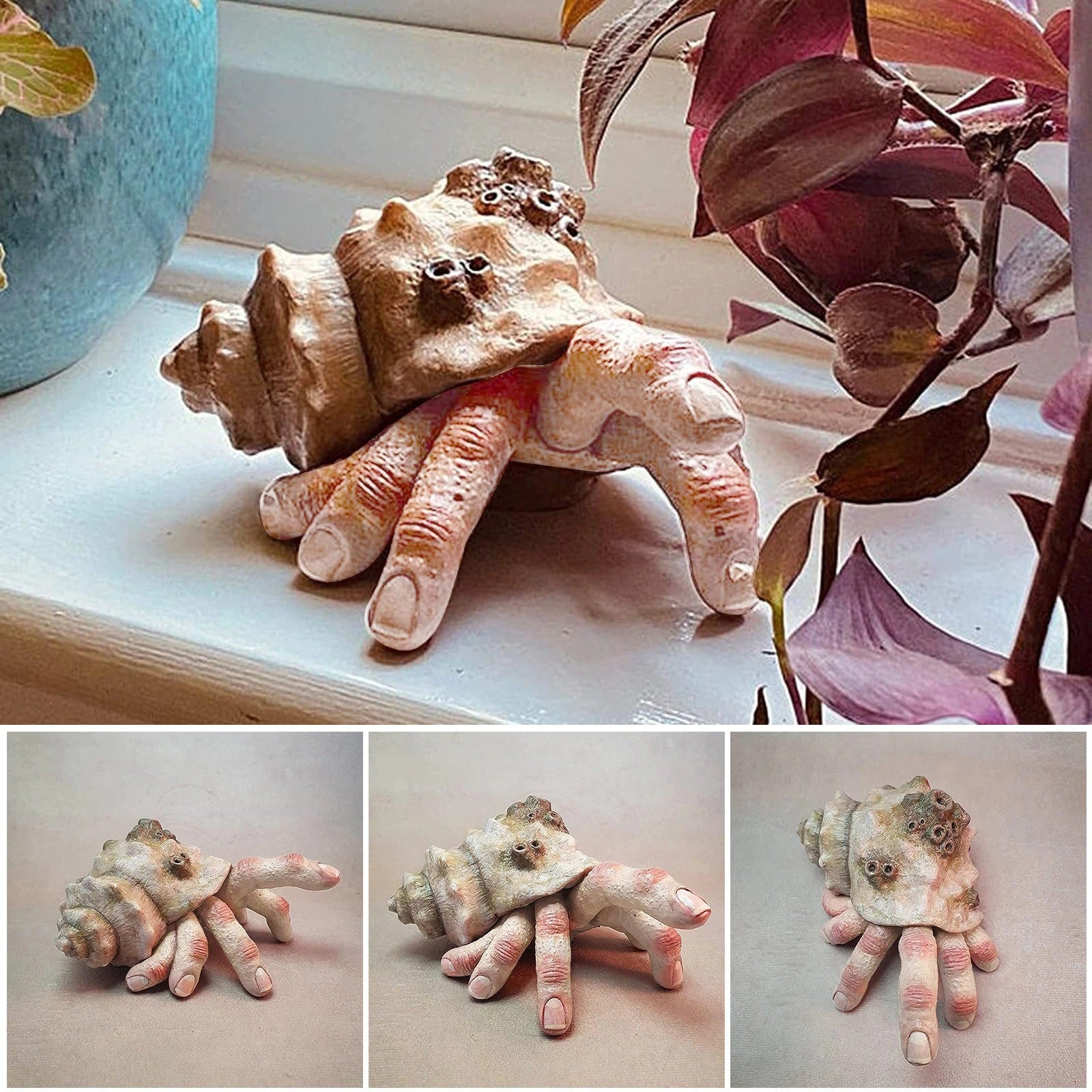 A collage of 4 images all showing a hermit crab finger sculpture. The sculpture has fingers coming out of the shell instead of a crab.