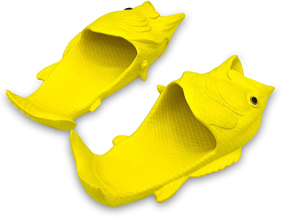 A bright yellow pair of fish shaped flip flops.