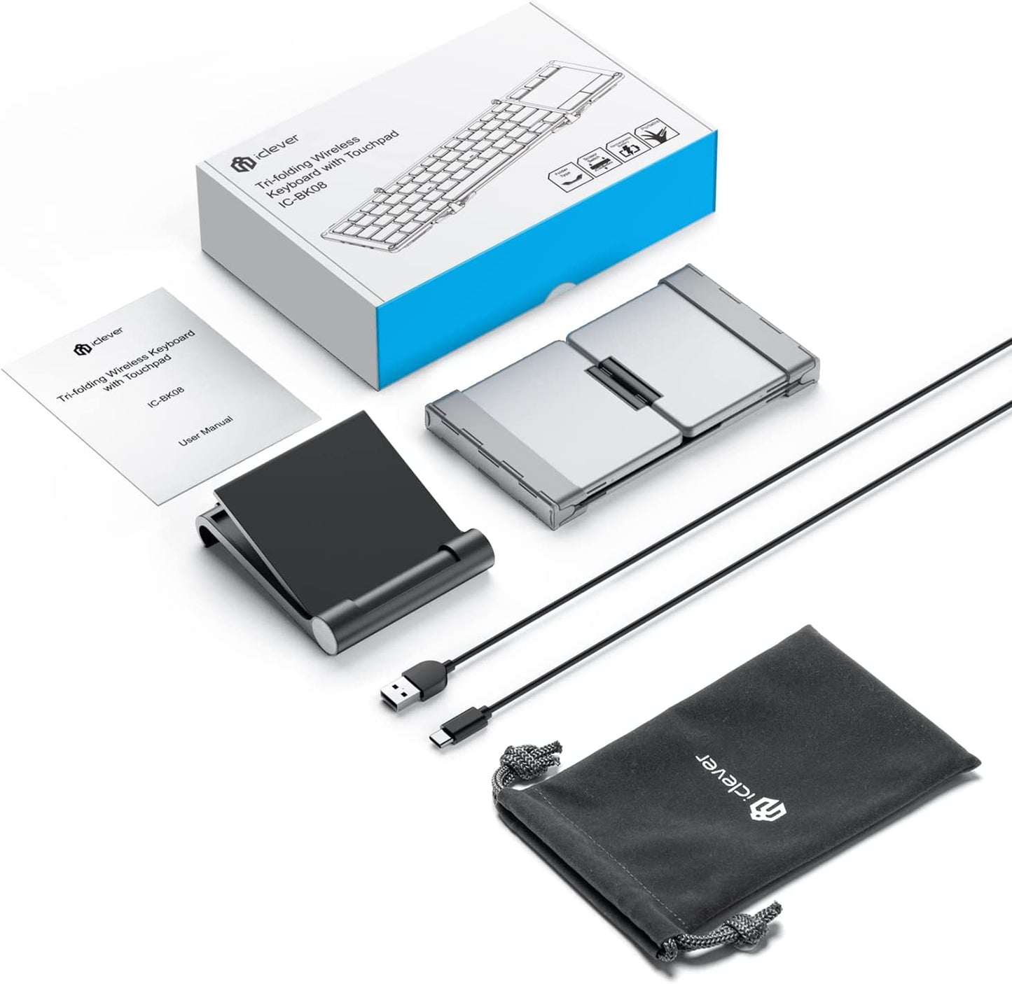 Packaging and contents from inside the box of a Bluetooth foldable keyboard.