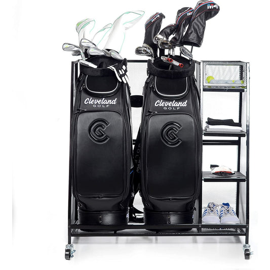An extra large golf storage organizer with two gold bags and other golf equipment stored on the organizer.