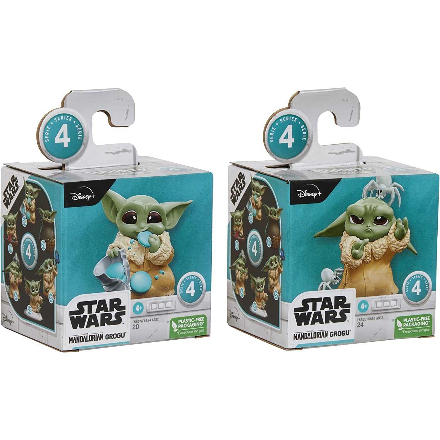 Two boxes containing figurines of Grogu in “Pesky Spider” and “Cookie Eating” poses.