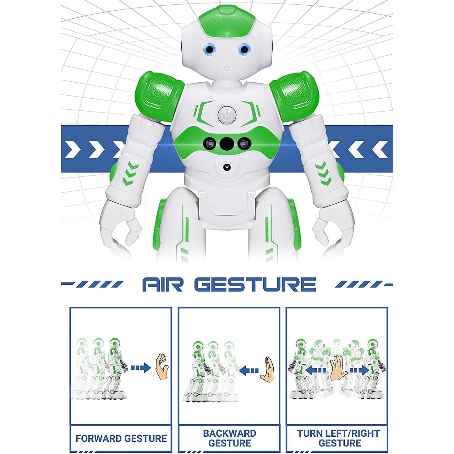 A remote controlled and hand controlled robot. There are 3 inset images showing how the robot can be controlled by hand. The text reads, 'Forward gesture, backward gesture, turn left/right gesture.'