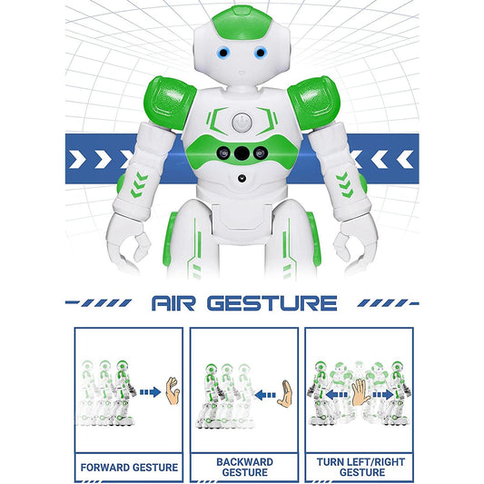 A remote controlled and hand controlled robot. There are 3 inset images showing how the robot can be controlled by hand. The text reads, 'Forward gesture, backward gesture, turn left/right gesture.'
