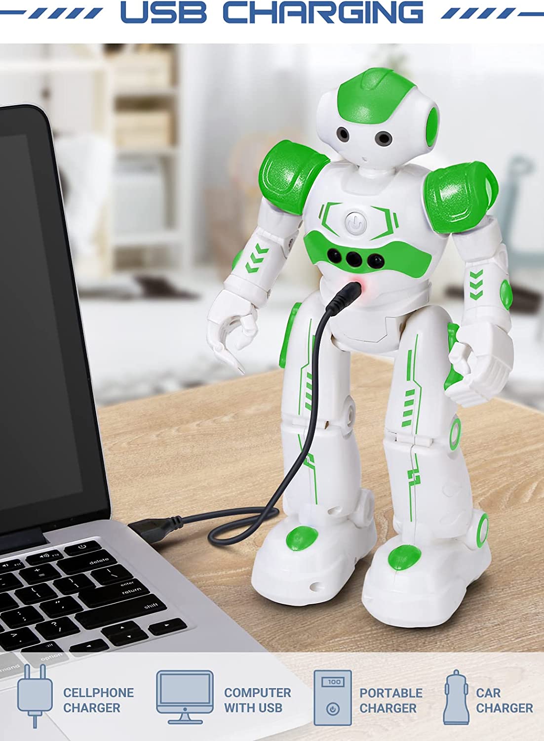A kids hand gesture controlled robot is plugged into a laptop via USB. The text reads, 'USB charging.'