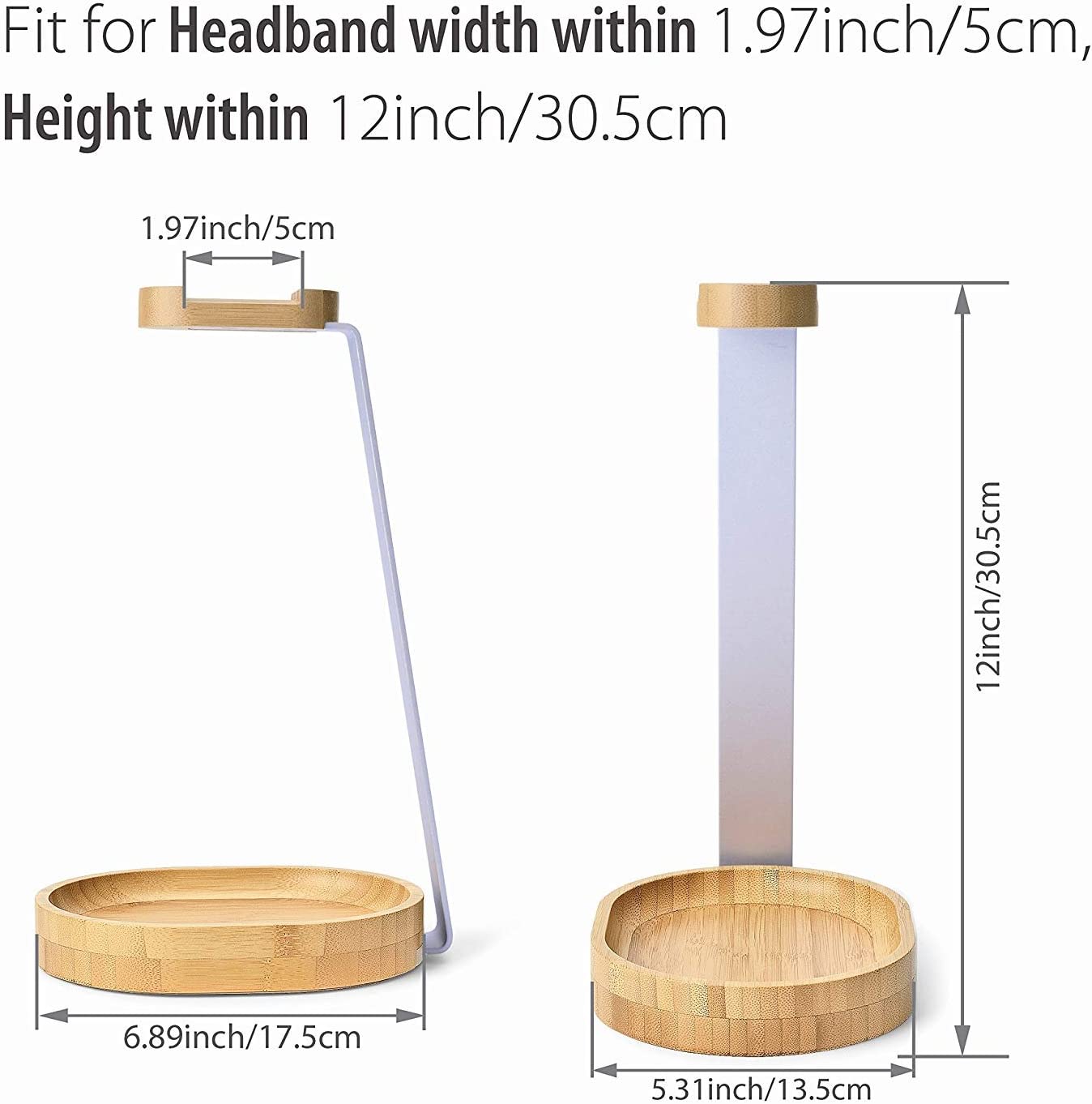 Size measurements for a wooden headphone stand. The height is 12 inches, the width is 5.31 inches and the depth is 6.89 inches.