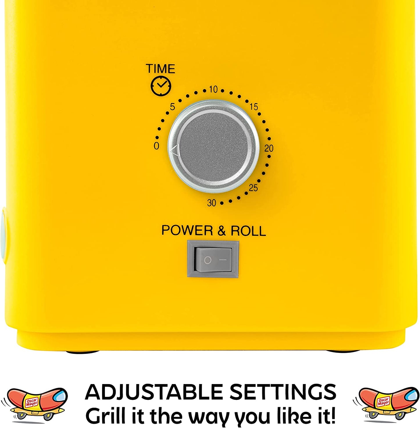 A closeup view of a timer button on a hot dog toaster oven.