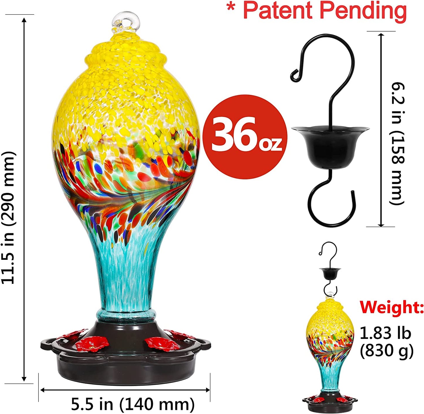 Size measurements for a hummingbird feeder. It measures 11.5 inches in height and 5.5 inches in width and weights 1.83 pounds.