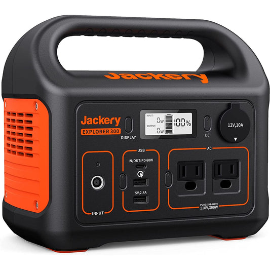 A black and orange Jackery portable power station.