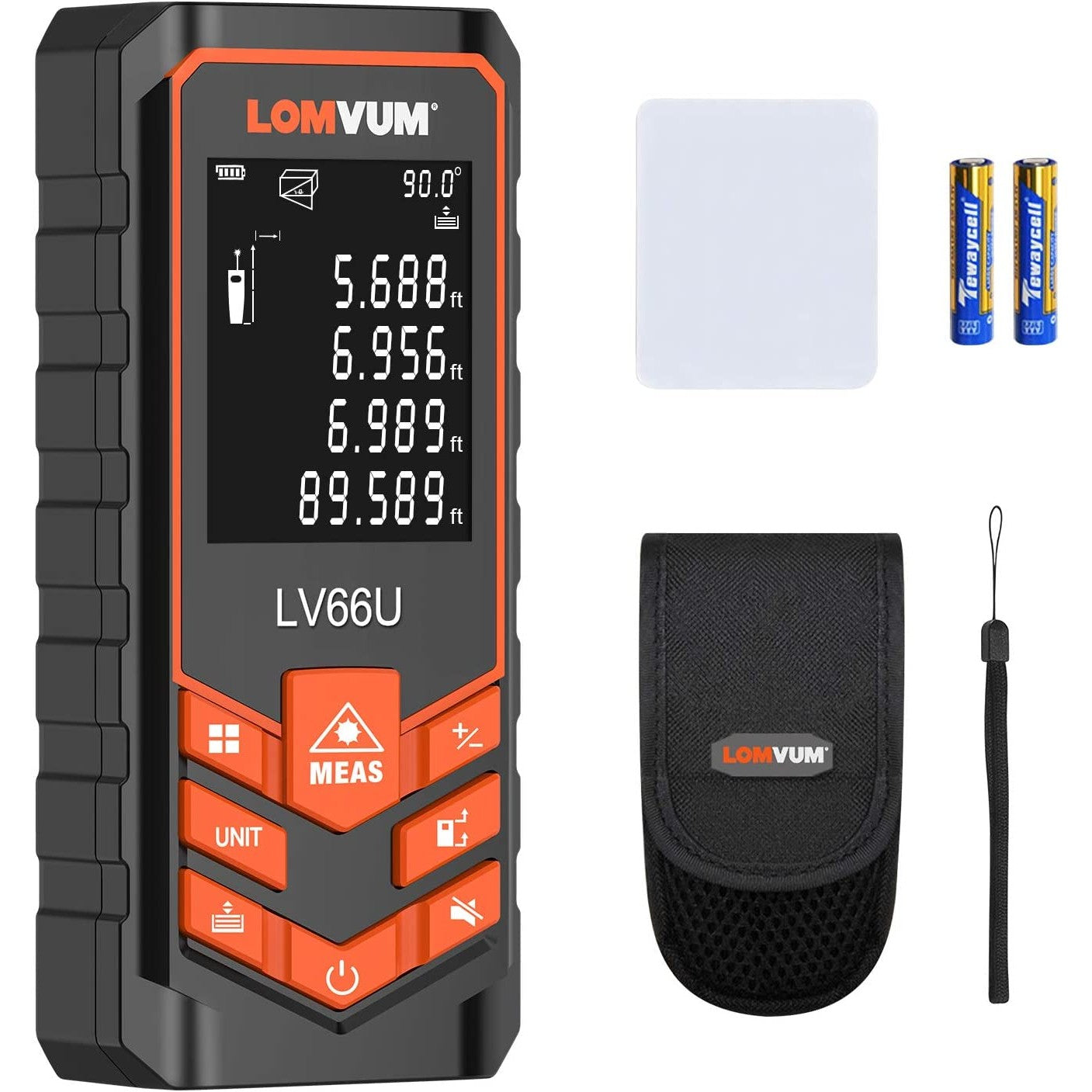 A laser tape measure with a carrying punch and 2 AA batteries.