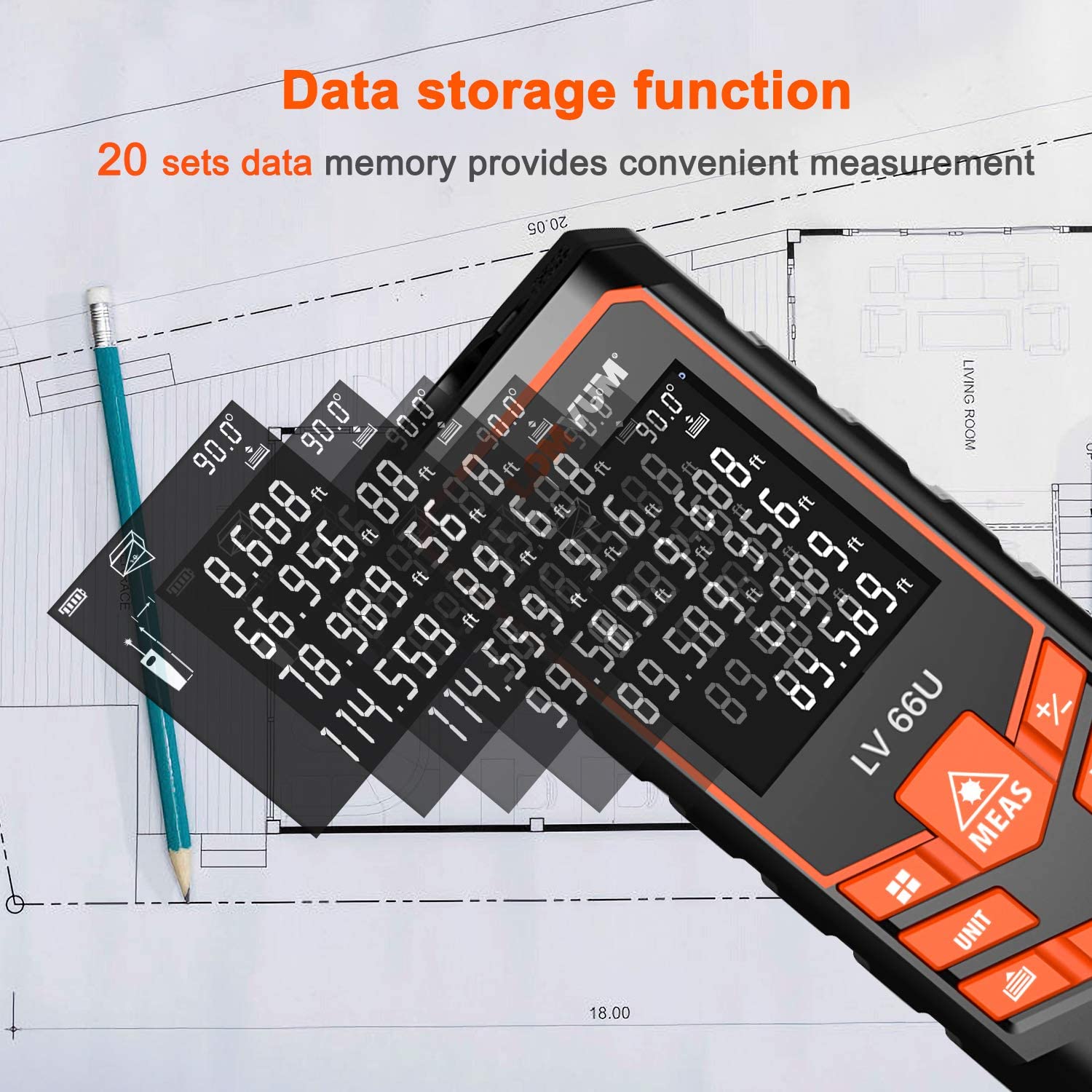 A laser tape measure with text which reads, 'Data storage function. 20 sets data memory provides convenient measurement.'