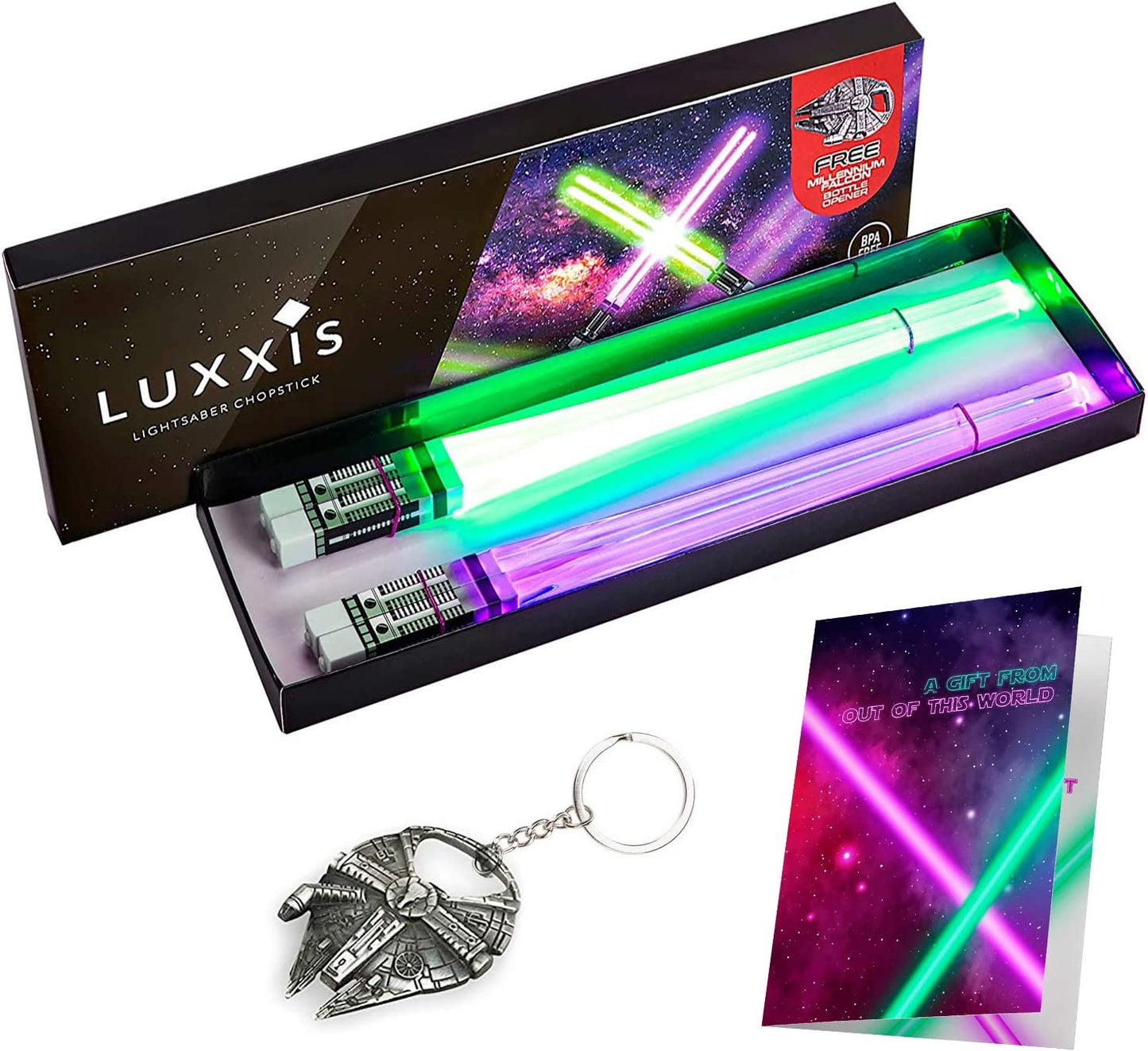 An opened box of light up Star Wars LED chopsticks in green and purple. There is a Millennium Falcon bottle opener next to the box along with an instruction manual.