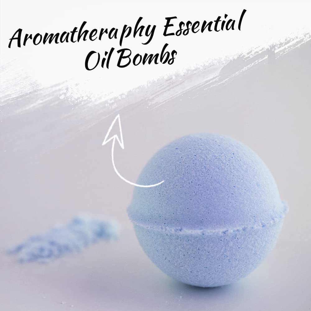 A light blue colored bath bomb. There is text which reads, 'Aromatherapy essential oil bombs.'