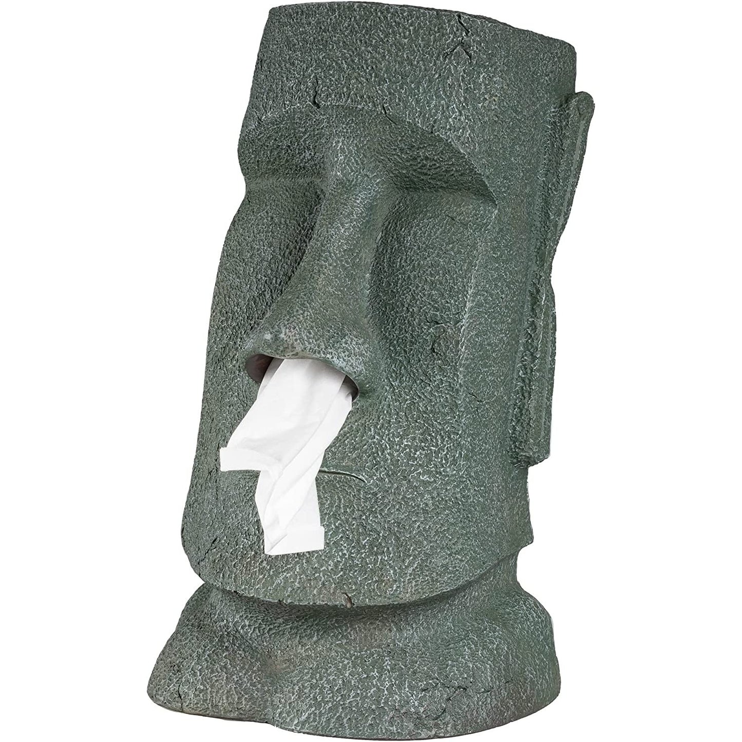 A moai shaped tissue box holder with a tissue coming out of its nose.