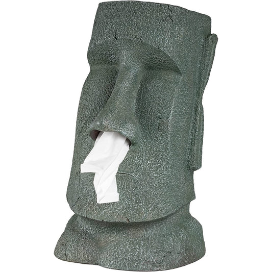 A moai shaped tissue box holder with a tissue coming out of its nose.