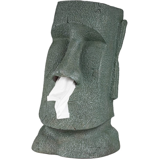 A moai shaped tissue box holder with a tissue coming out of its nose.