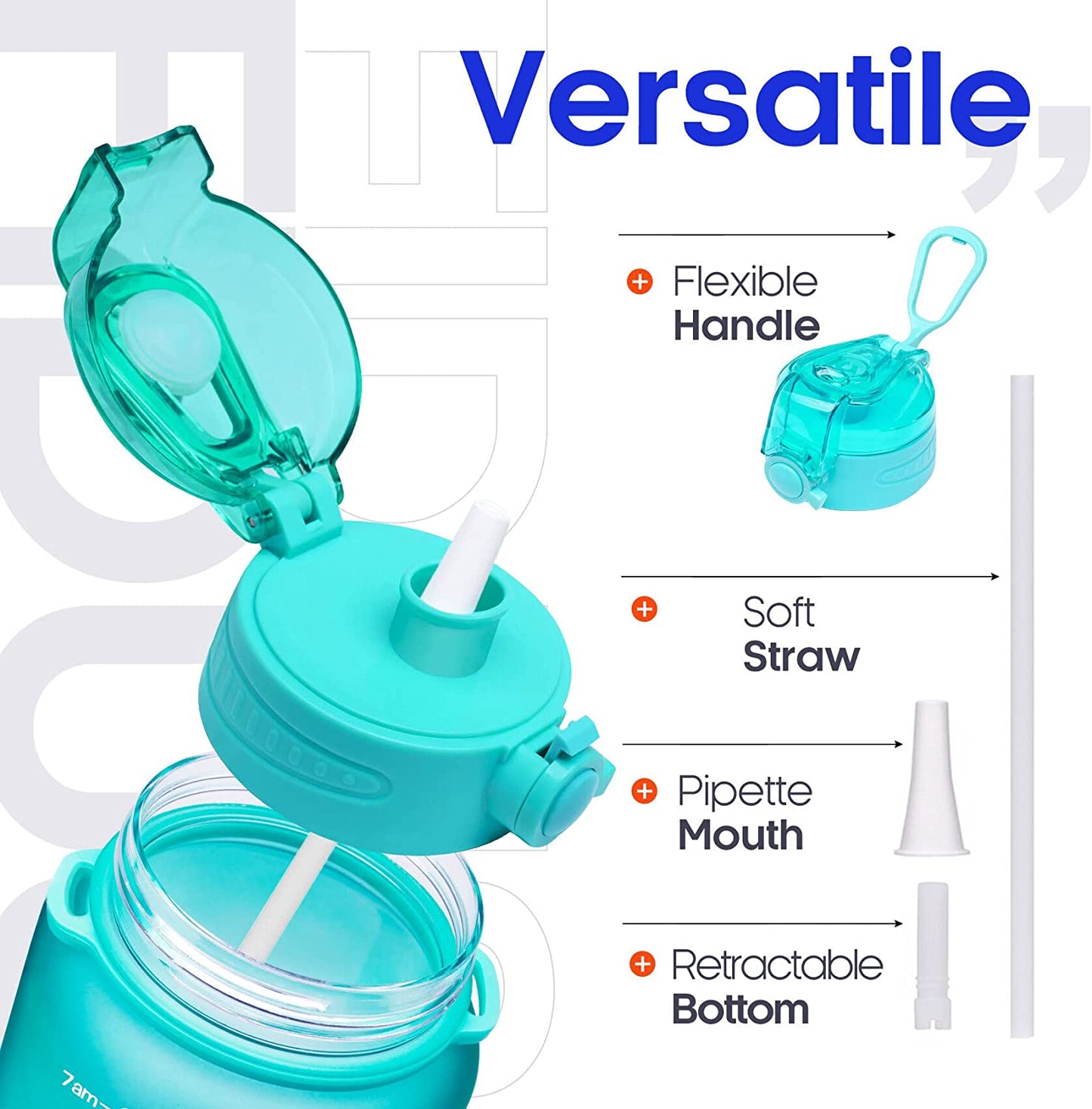 The lid from a motivational water bottle is removed from its base. The text reads, 'Flexible handle. Soft straw. Pipette mouth. Retractable bottom.'