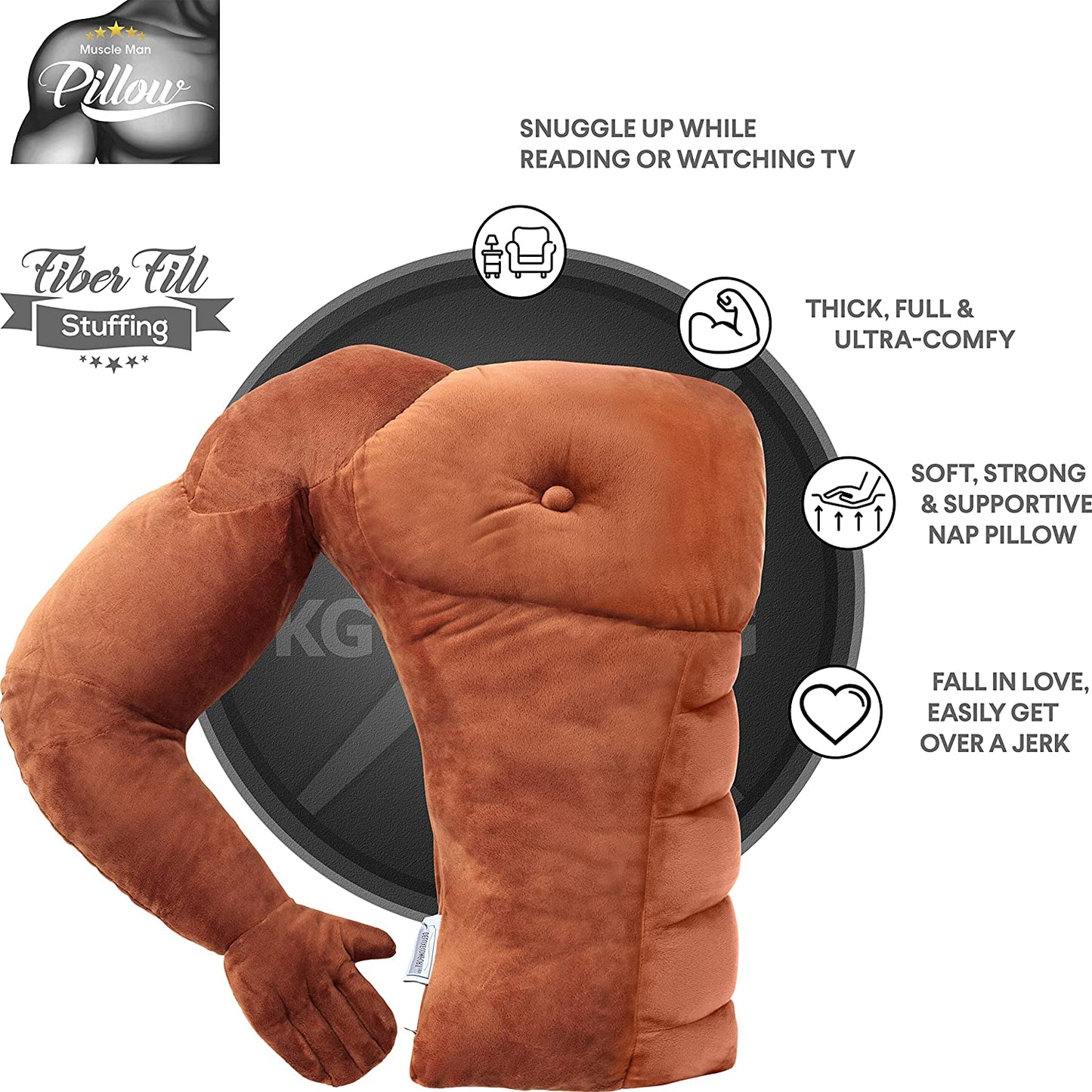 Detailed product features for a muscle man pillow. The text reads, 'Snuggle up while reading or watching TV. Thick, full and ultra-comfy. Soft, strong and supportive nap pillow.'