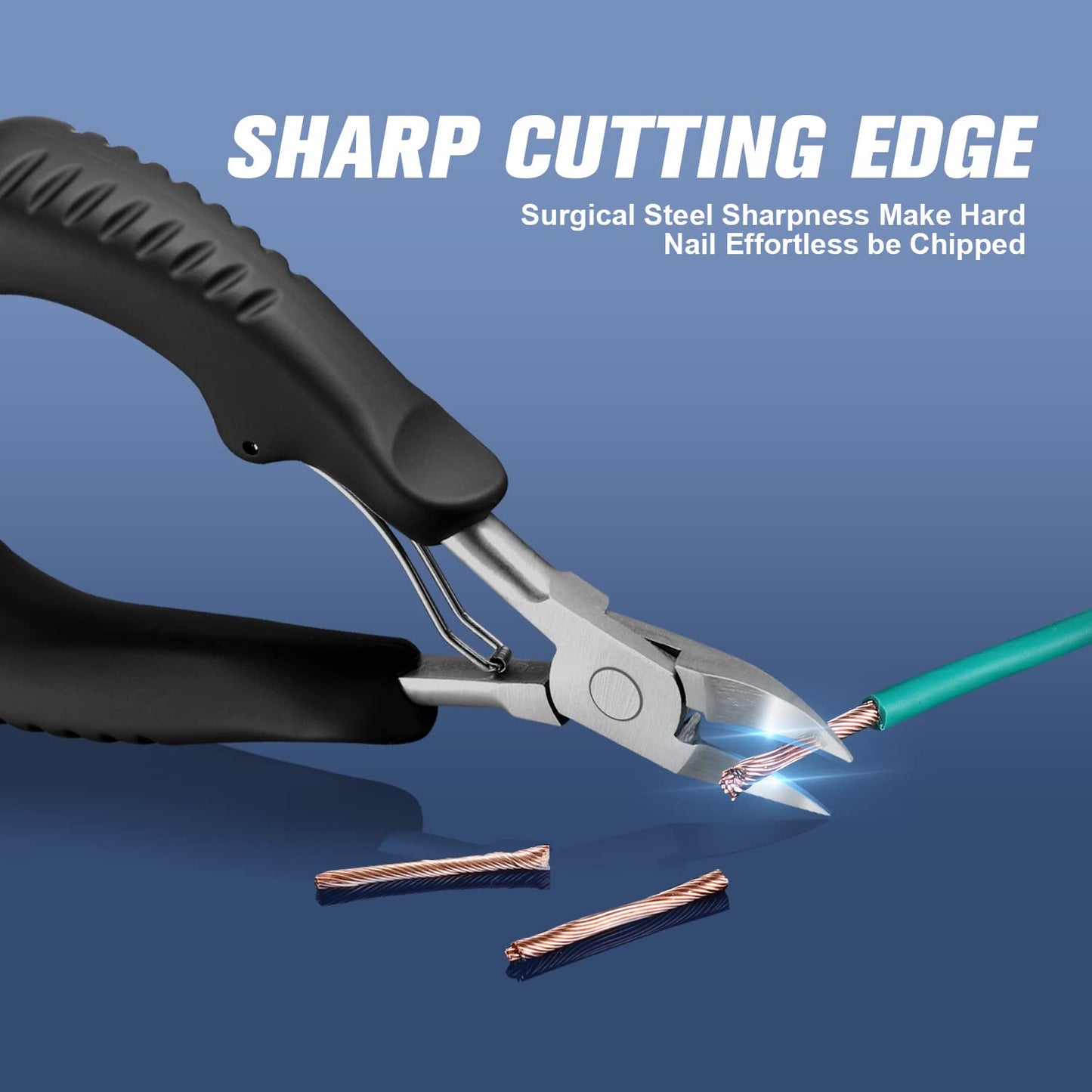 A pair of nail clippers are cutting through some cables. The text says, 'Sharp cutting edge.'