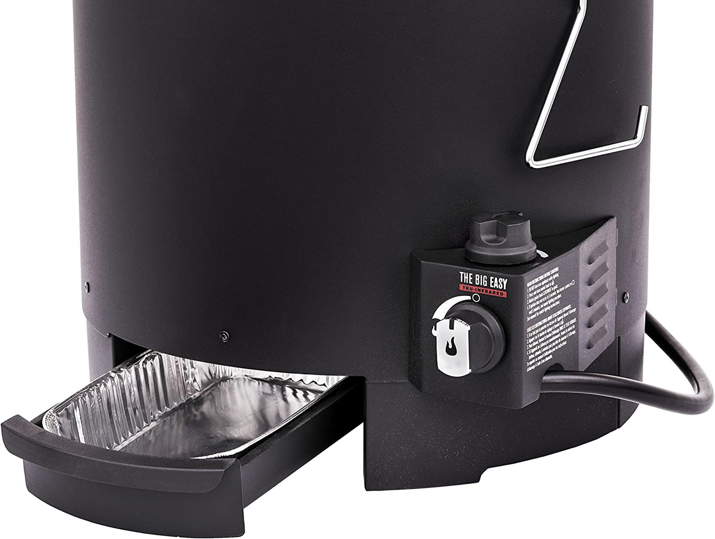 A close up view of the drip tray which is used in the oil-less liquid propane turkey fryer