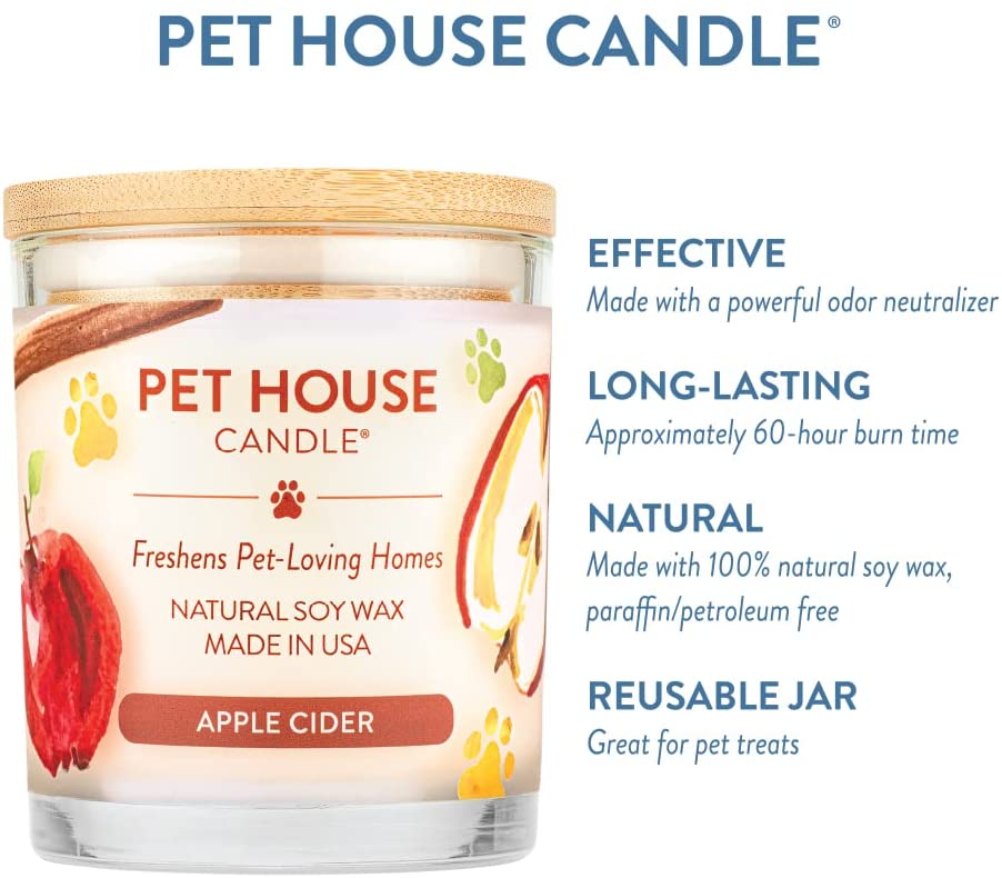 Written information about the pet odor eliminating candle showing an example of the candle itself