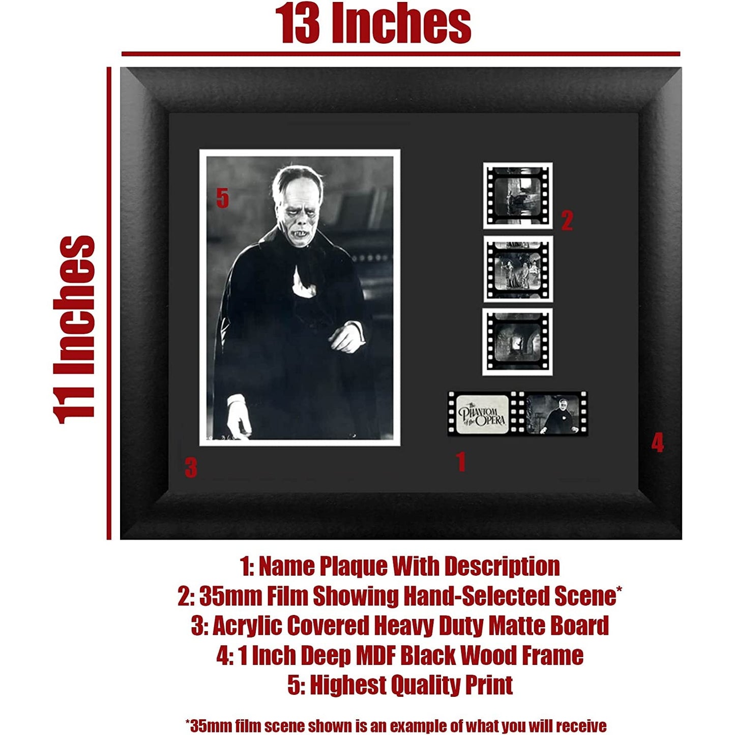 Size measurements for a Phantom of the Opera film strip presentation piece. It measures 13 inches across and 11 inches in height.