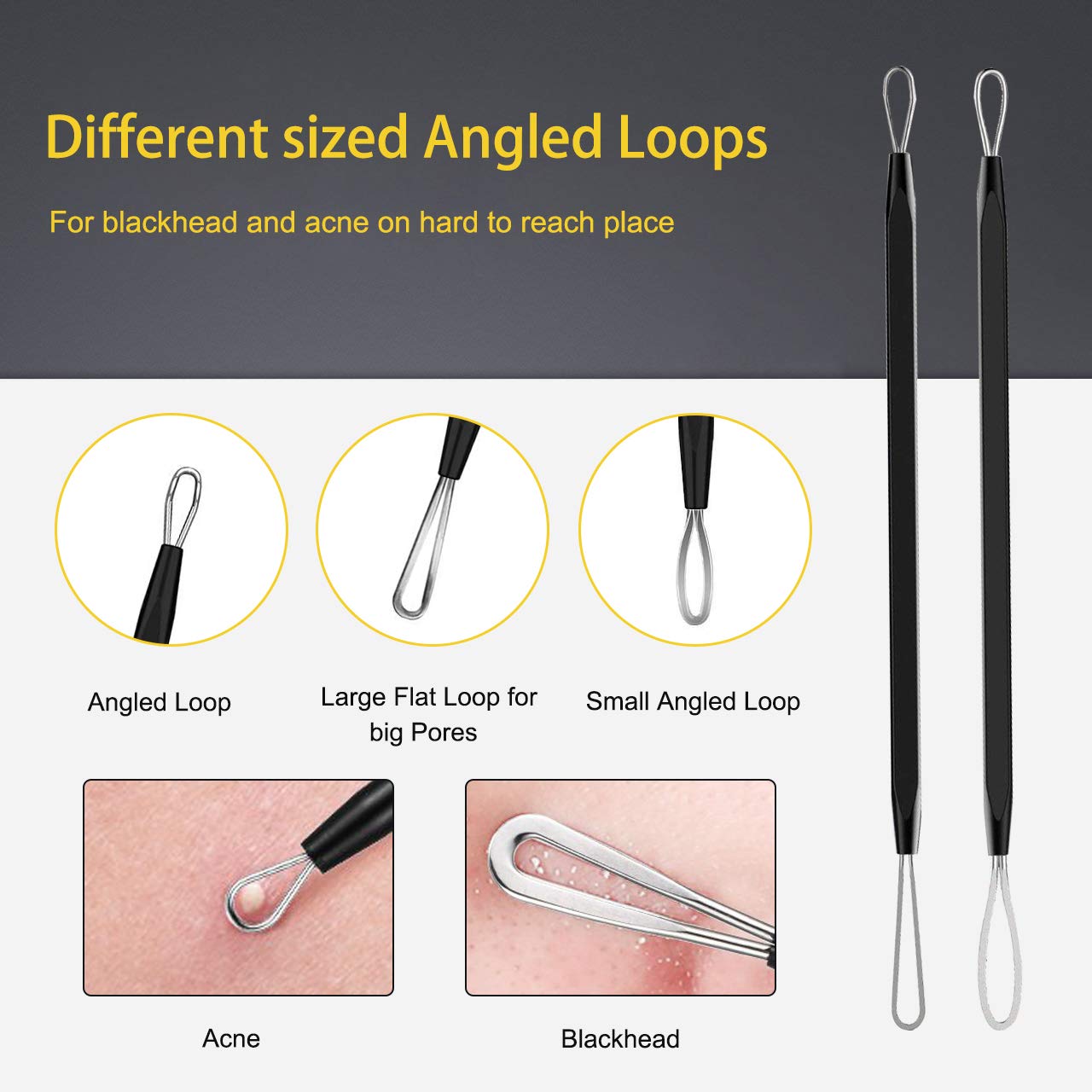 A closeup image of two pimple popper loop tools. There is text which reads, 'Different sized angled loops for blackheads and acne in hard to reach places.'