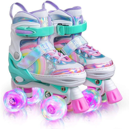 A pair of kids rainbow unicorn roller skates.