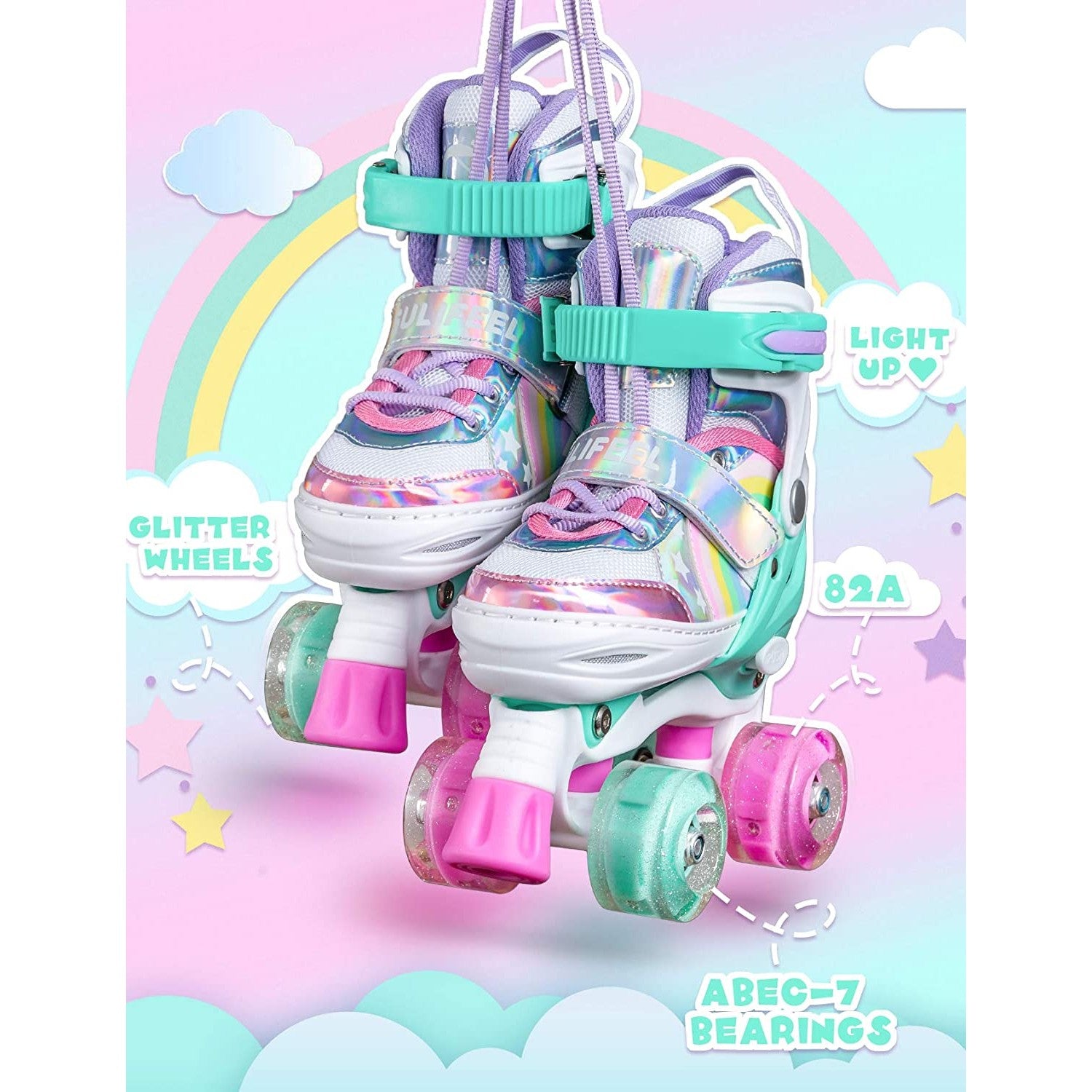 A colorful pair of kids rainbow unicorn roller skates.