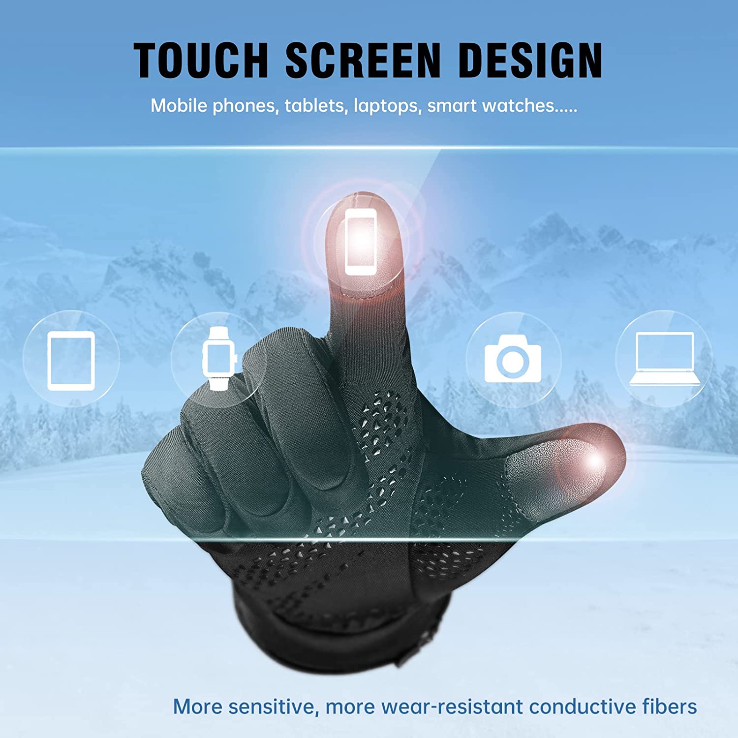 One black rechargeable heated glove. The text says, 'Touch screen design, mobile phones, tablets, laptops, smart watches.'
