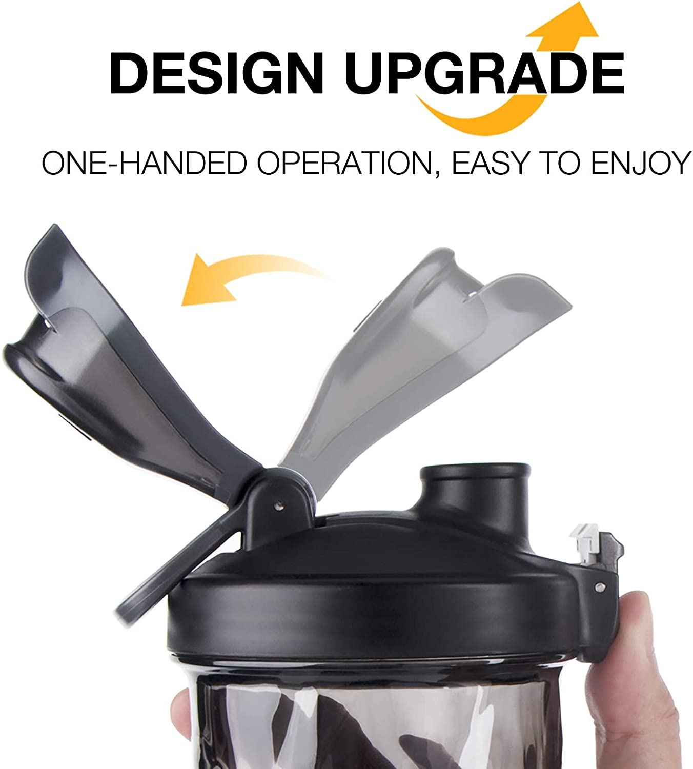 A close up of the top of a rechargeable protein shaker bottle. There is text which reads, "Design upgrade, one handed operation , easy to enjoy."