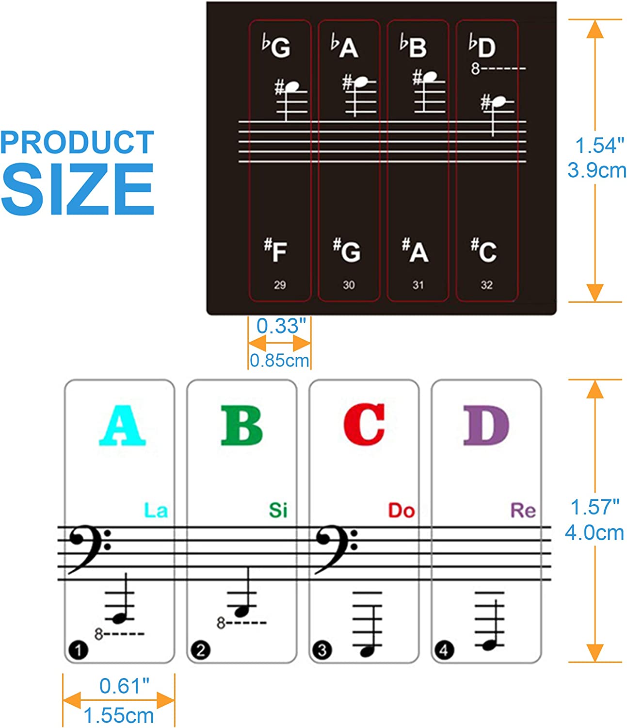 A measurement chart for the size of the removable piano stickers. The black key stickers are 3.9cm and the white key stickers are 4cm