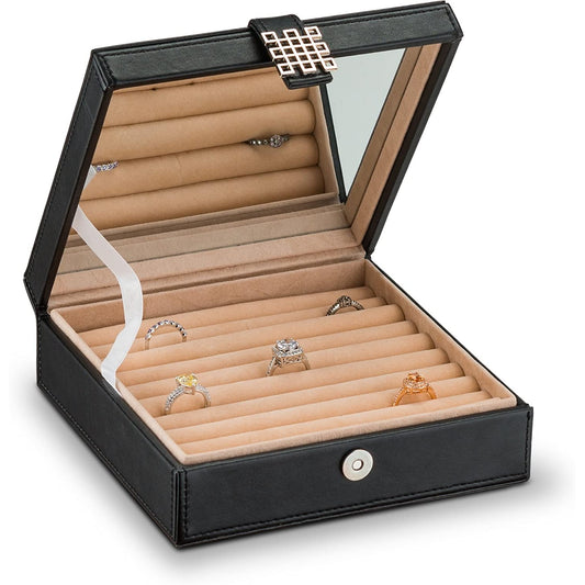 A black ring box organizer with some rings inside and the lid open.