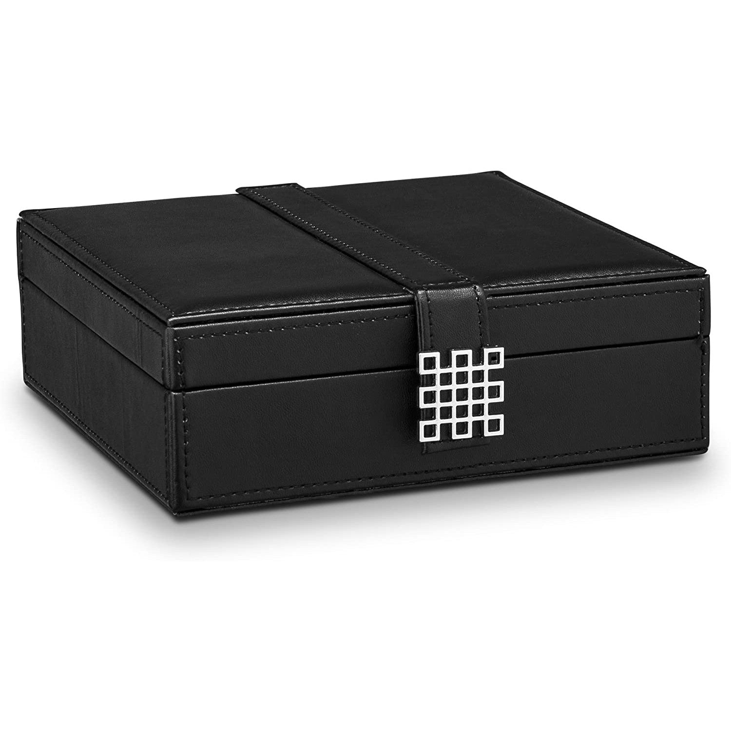 A black ring box organizer with a stylish silver clasp.