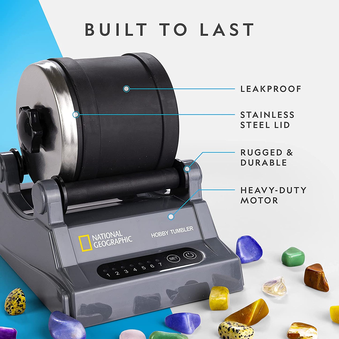 A National Geographic rock tumbler. The text reads, 'Built to last. Leakproof. Stainless steel lid. Rugged and durable. heavy-duty motor.'