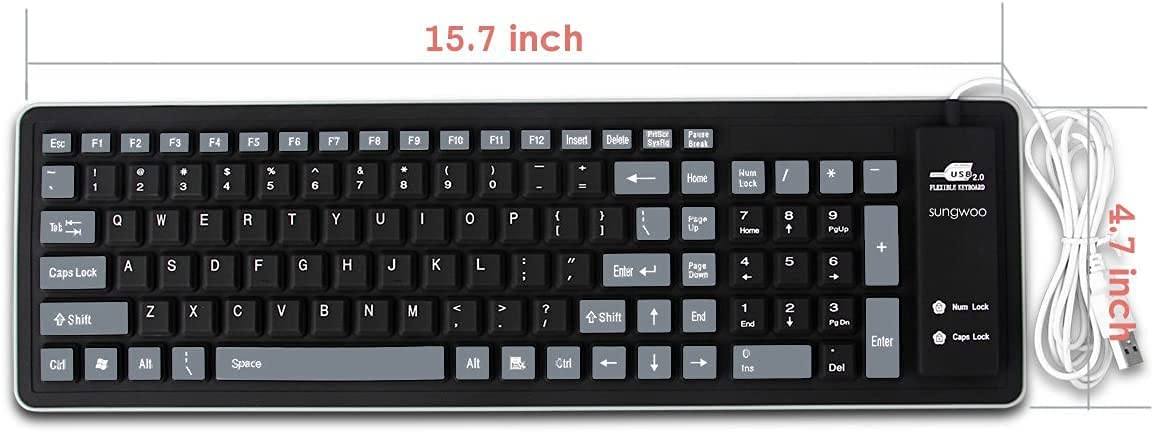 Size measurements for a silicone foldable keyboard 15.7 inches by 4.7 inches