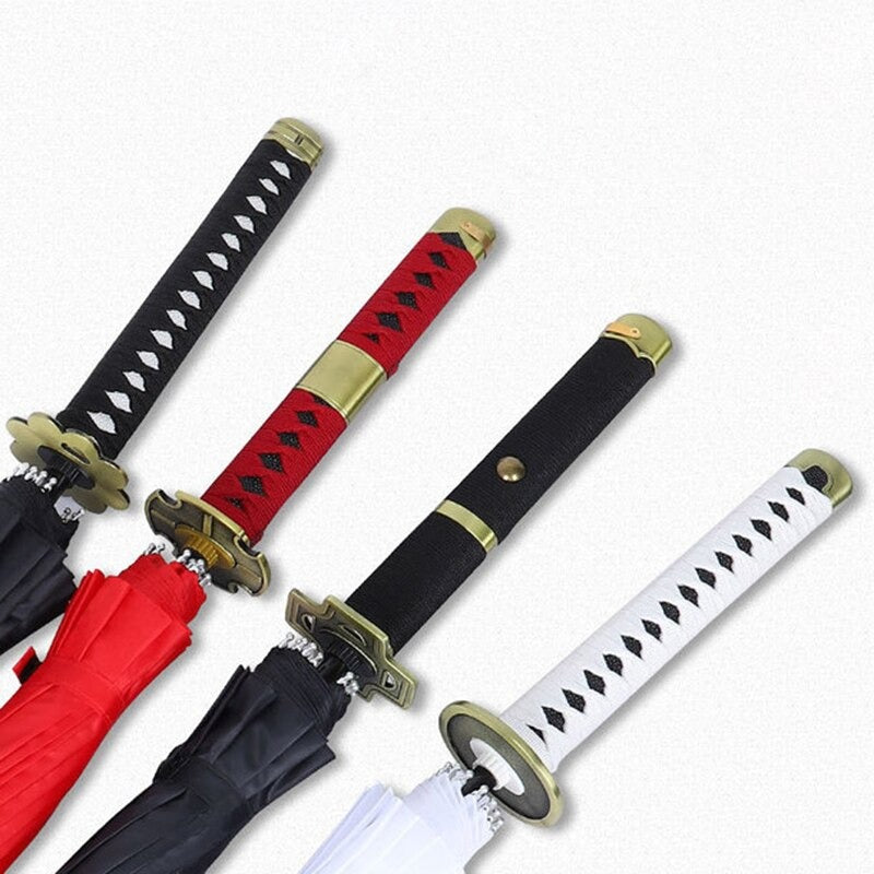 Four samurai sword umbrella handles close up. There are 4 colors available, black, red, white and black with gold highlights.